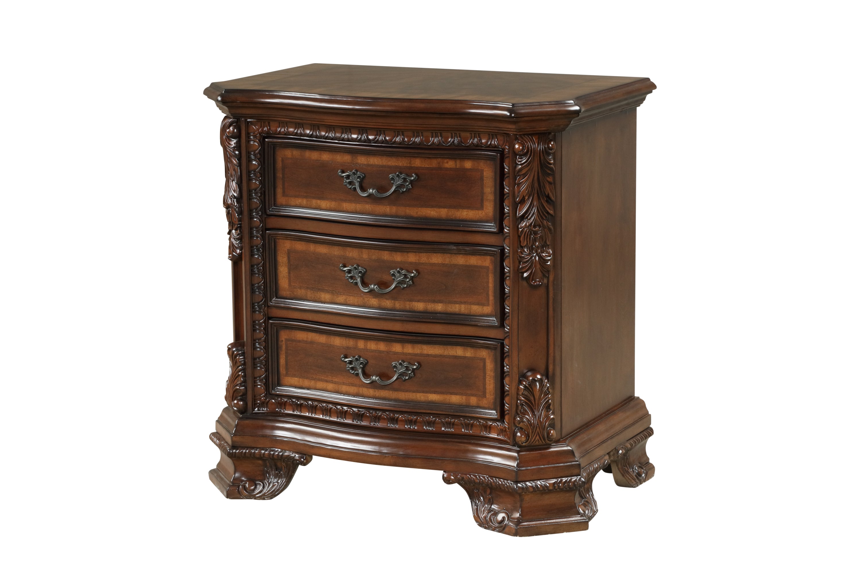 Traditional Style 3-Drawer Night stand With metal drawer pulls Made with Wood in Walnut