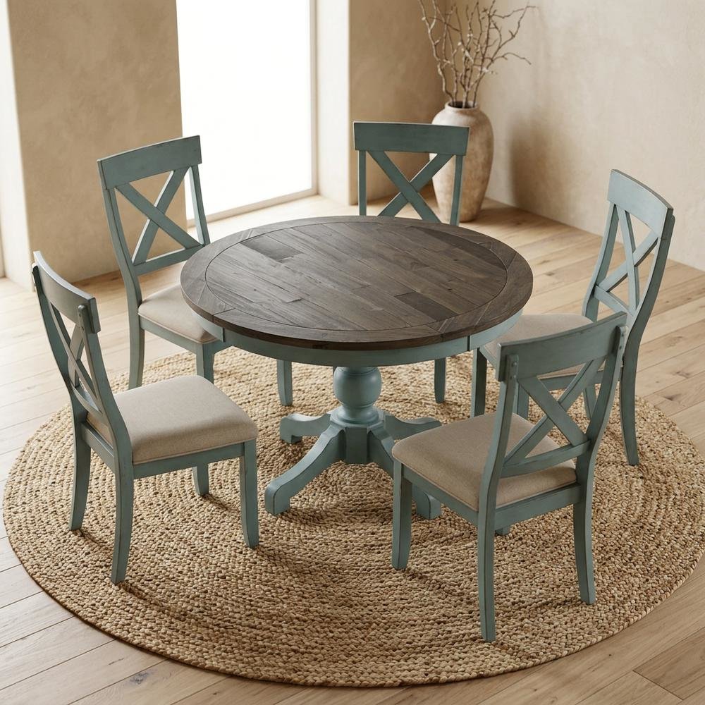 Round Dining Table Set with Cross-Back Chairs, Stylish and Durable