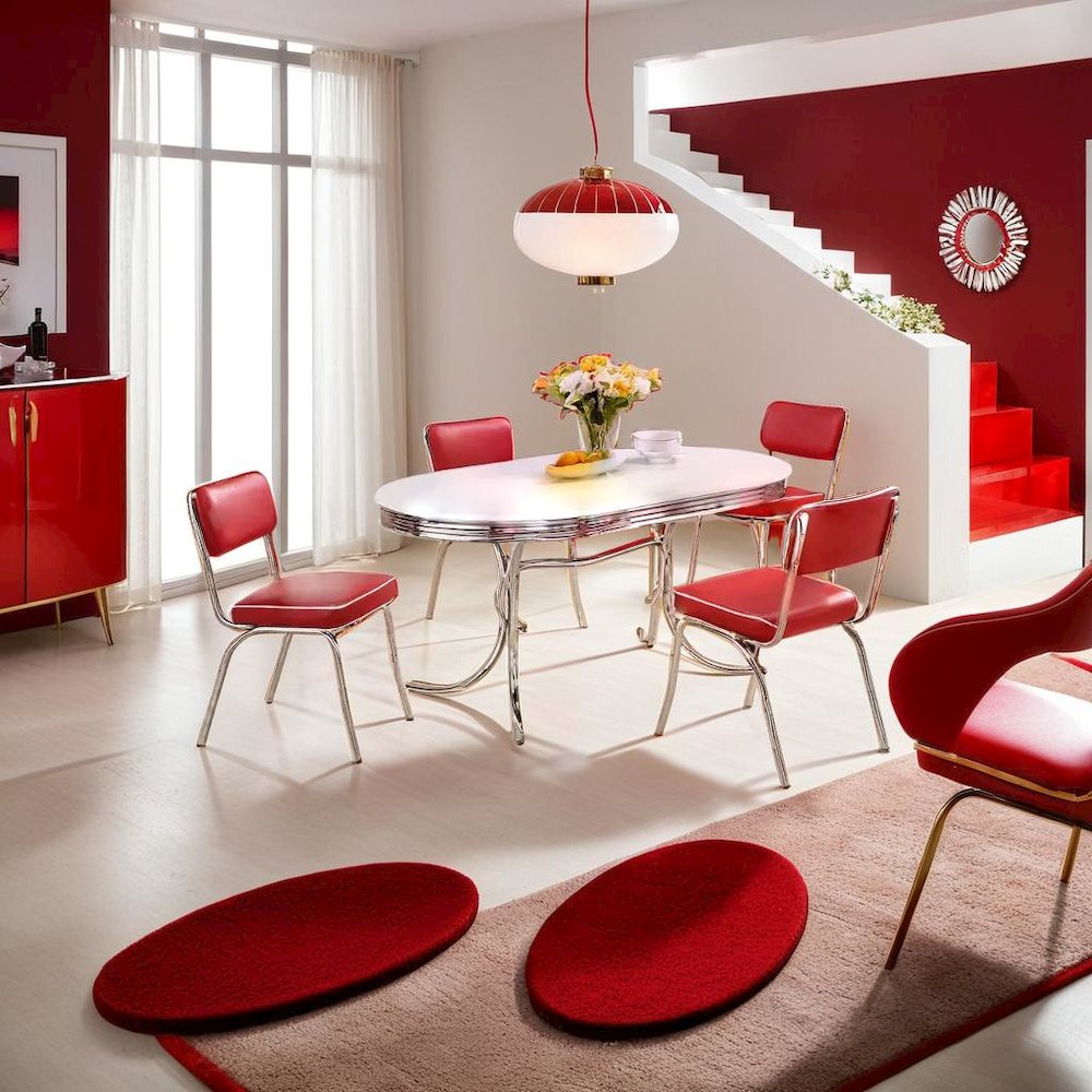 Elegant Oval Dining Set Featuring 5 Pieces in Glossy White and Red Finish