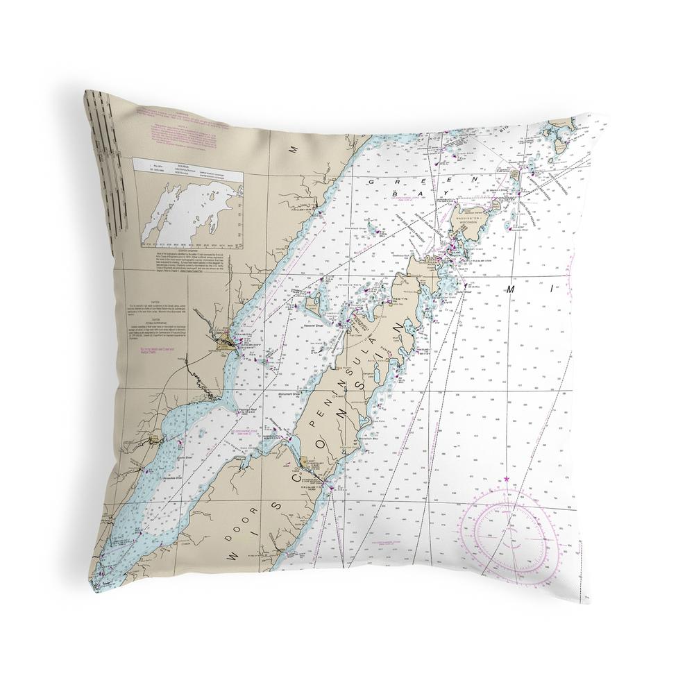 Door County, Green Bay, WI Nautical Map Noncorded Indoor/Outdoor Pillow 12x12