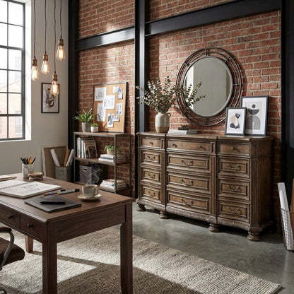 Pecan Veneer Home Office Credenza with Twelve Drawers, Rustic Walnut