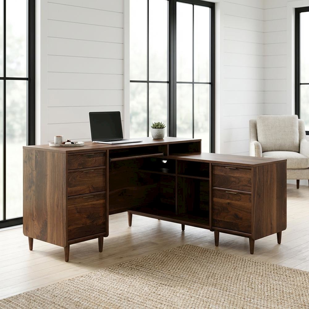 Grand Walnut Finish Office L Desk With Modern Mid-Century Style