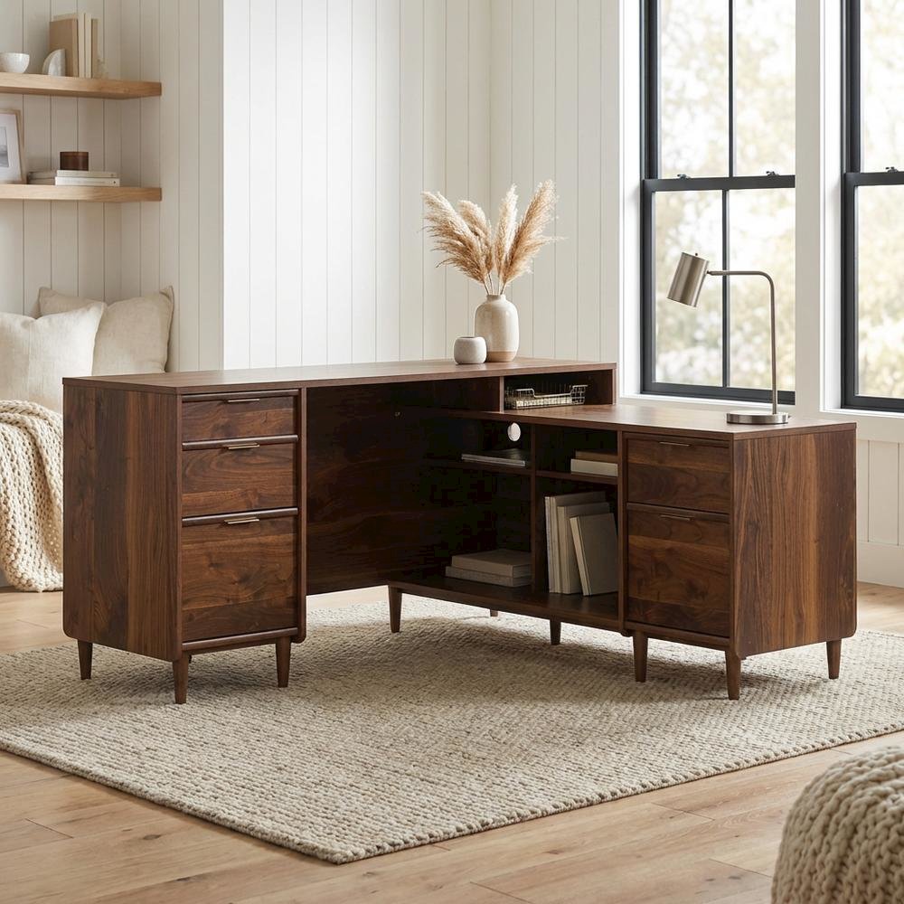Grand Walnut Finish Office L Desk With Modern Mid-Century Style