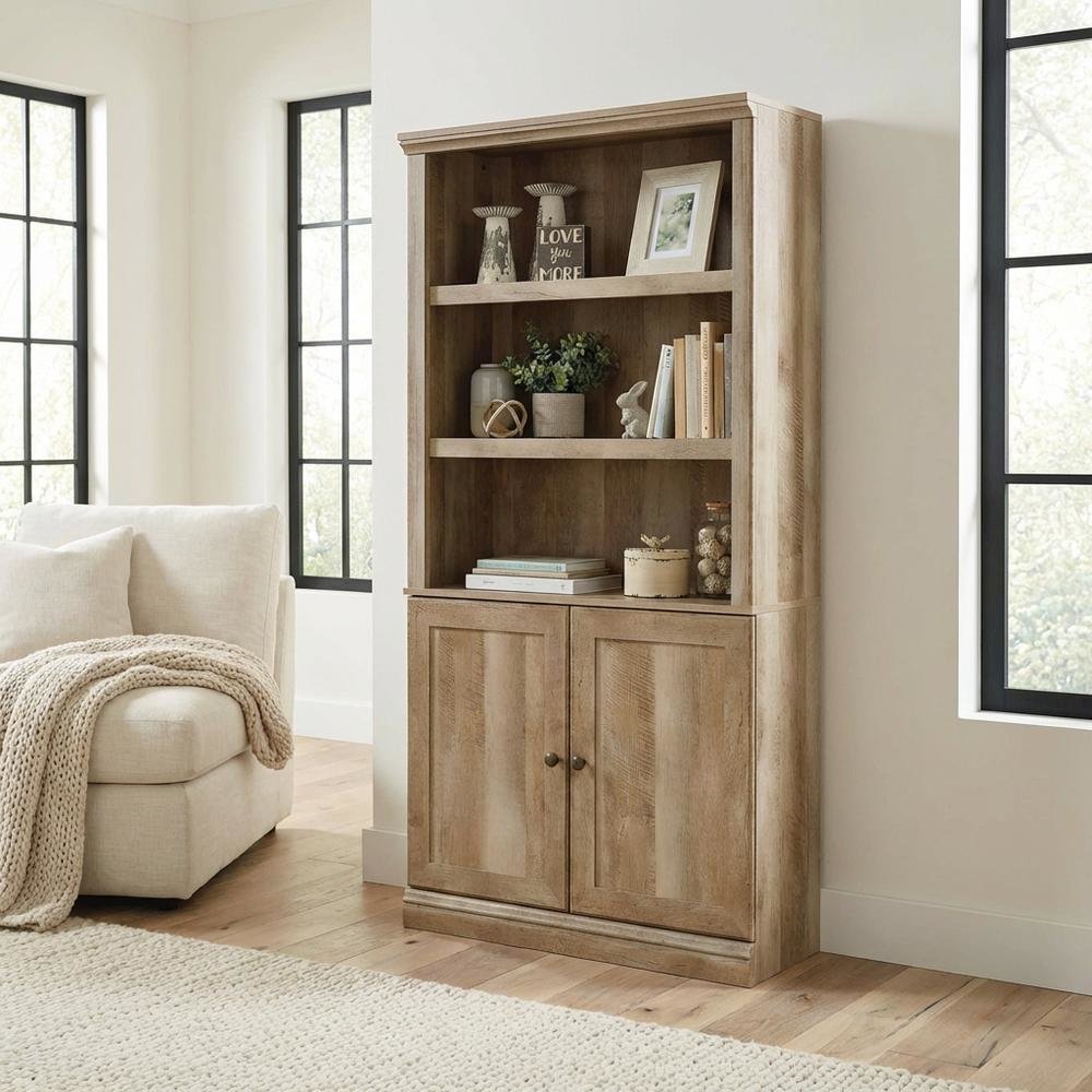 Oak finish storage library with spacious design and sturdy rectangle shape