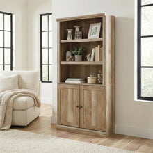 Oak finish storage library with spacious design and sturdy rectangle shape