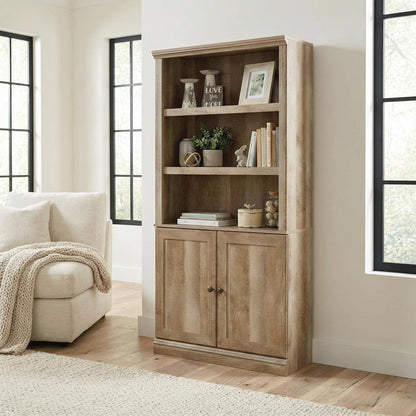 Oak finish storage library with spacious design and sturdy rectangle shape