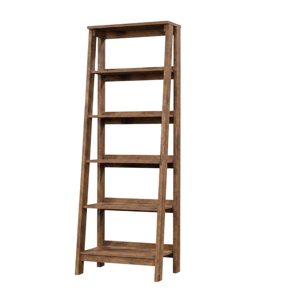 Vintage Oak finish trestle open shelving for versatile storage and display