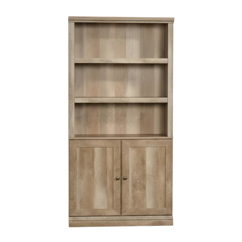 Oak finish storage library with spacious design and sturdy rectangle shape
