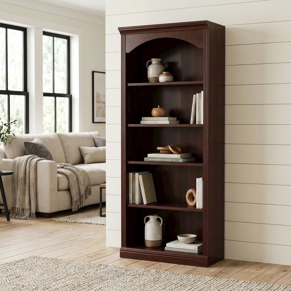 Cherry finish storage bookcase with transitional style and rectangular shape