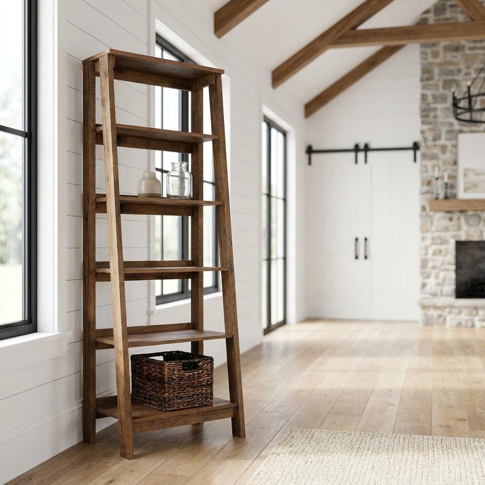 Vintage Oak finish trestle open shelving for versatile storage and display