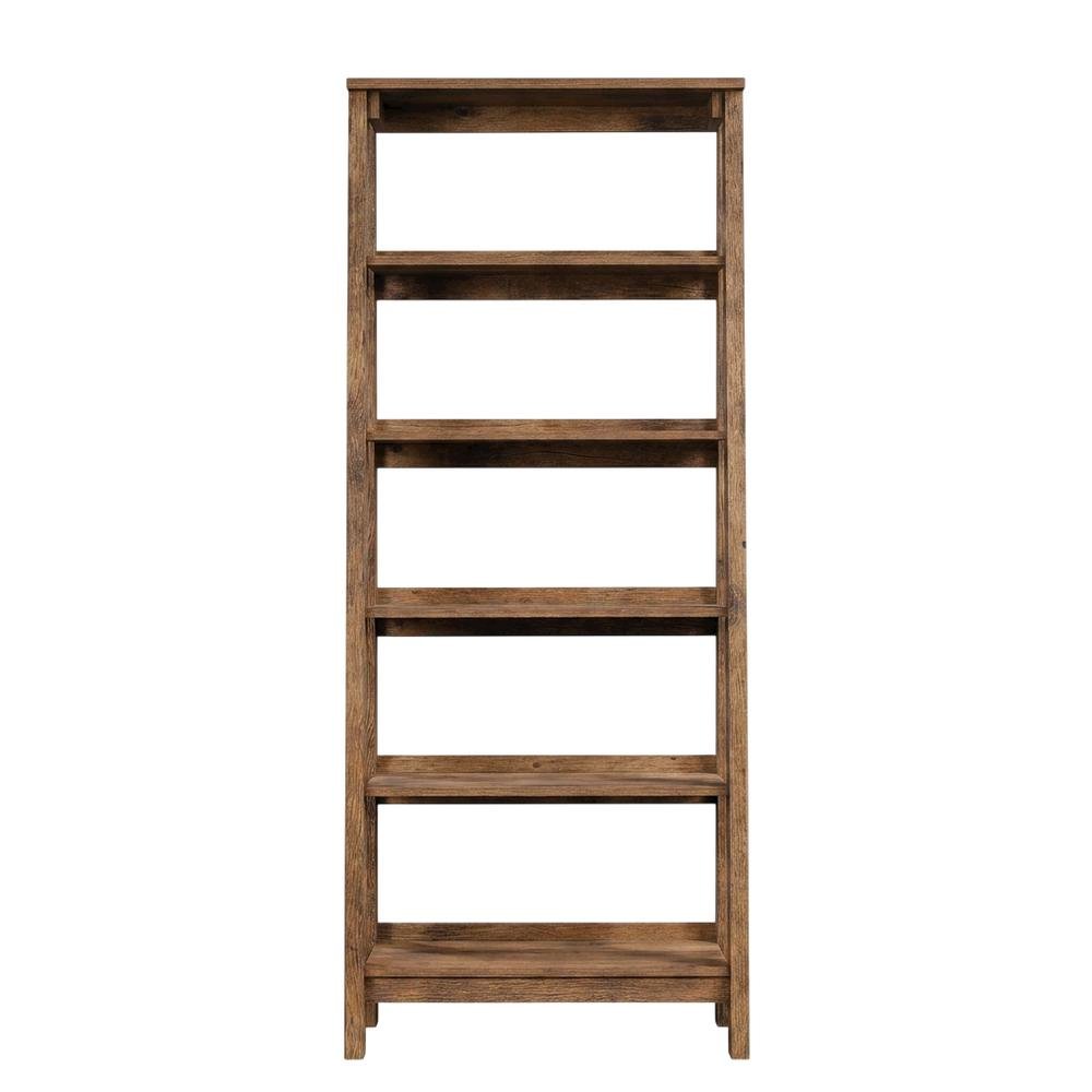 Vintage Oak finish trestle open shelving for versatile storage and display