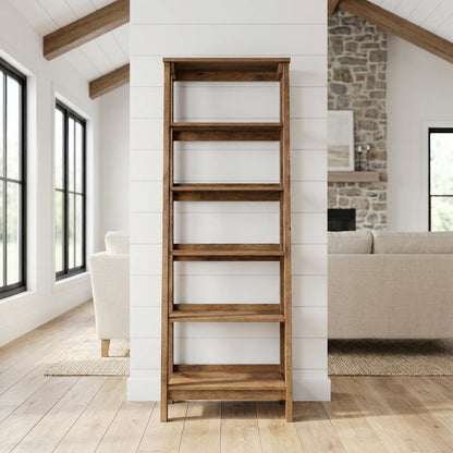 Vintage Oak finish trestle open shelving for versatile storage and display
