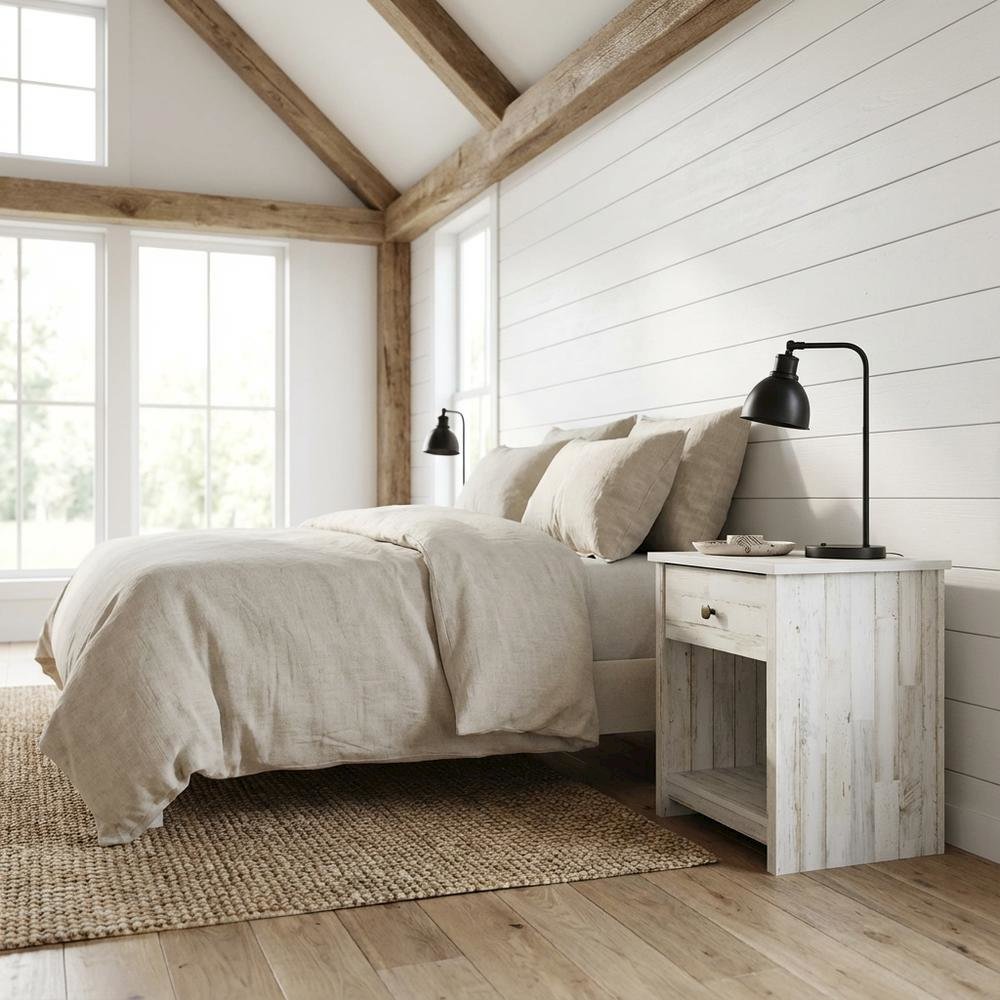 White Finish Nightstand with Rectangle Shape and Rustic Style
