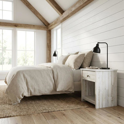 White Finish Nightstand with Rectangle Shape and Rustic Style