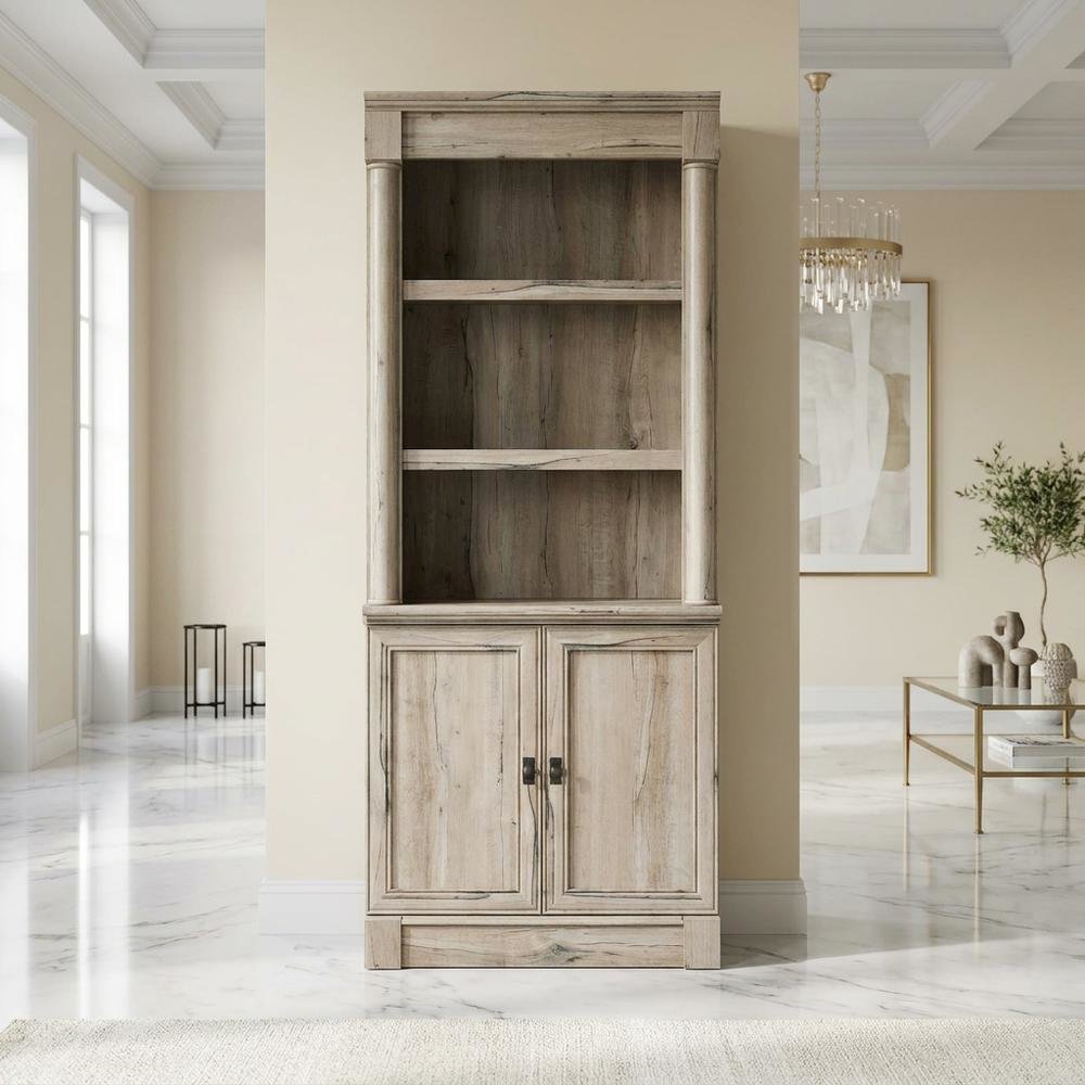Oak Finish Bookcase with Modern Storage Design