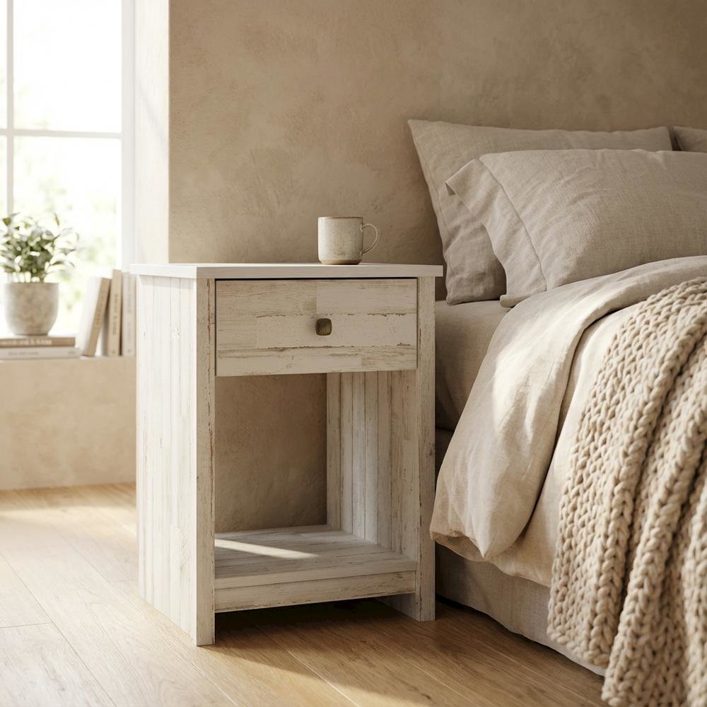 White Finish Nightstand with Rectangle Shape and Rustic Style