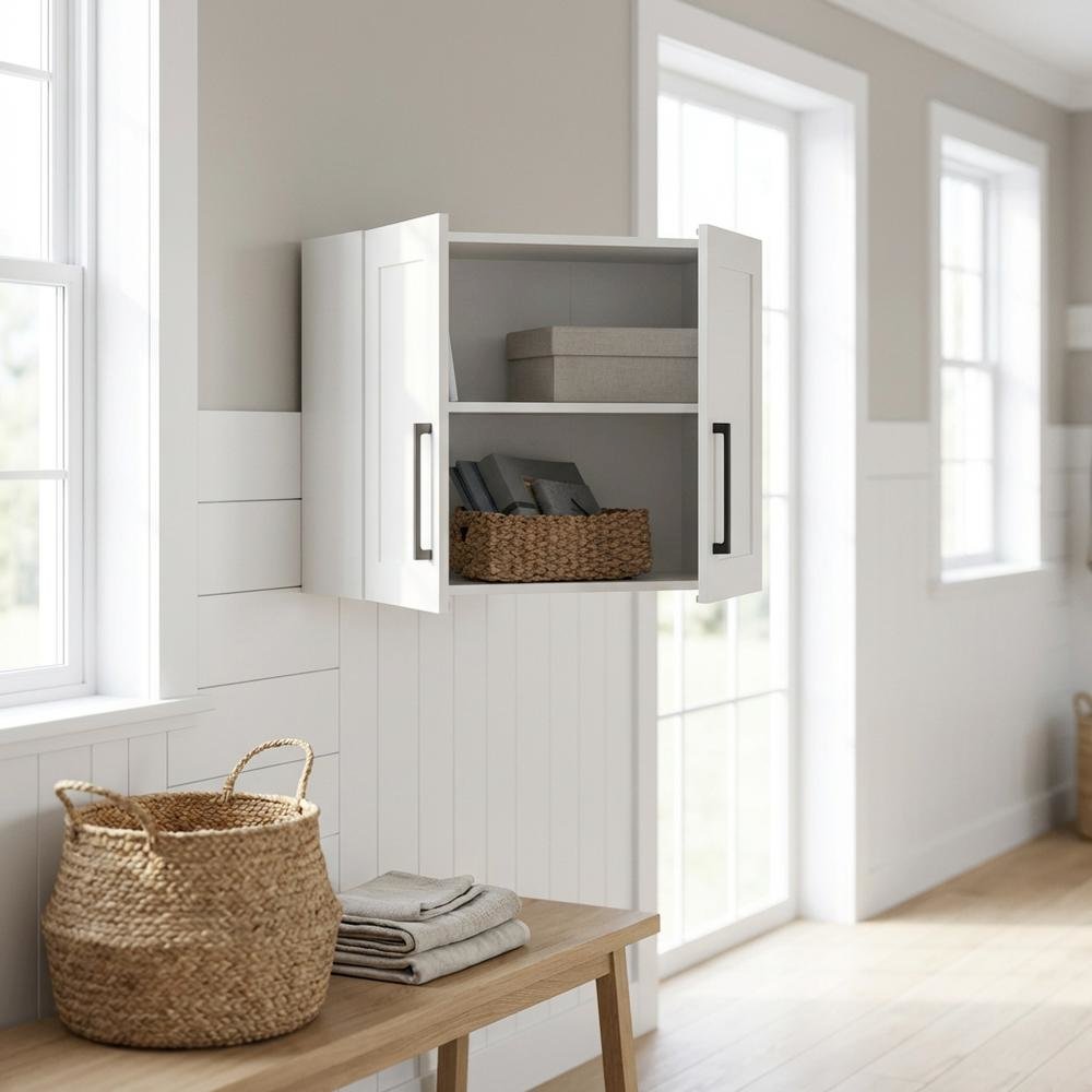 White Storage Cabinet With Soft Finish And Coastal Chic Style