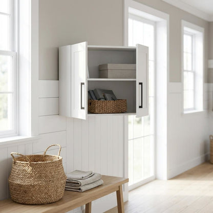 White Storage Cabinet With Soft Finish And Coastal Chic Style