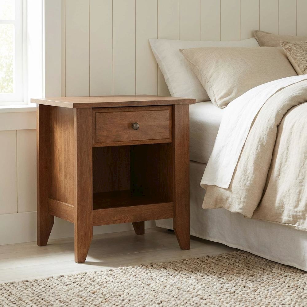 Oiled Oak Finish Night Stand with Coastal Cottage Style and Square Shape