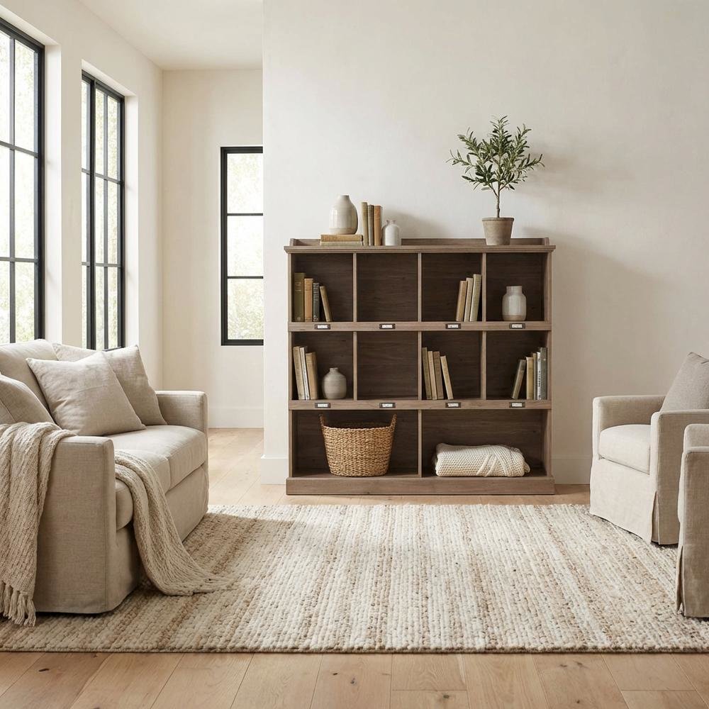 Salt oak finish bookcase with modern farmhouse and industrial style, rectangle