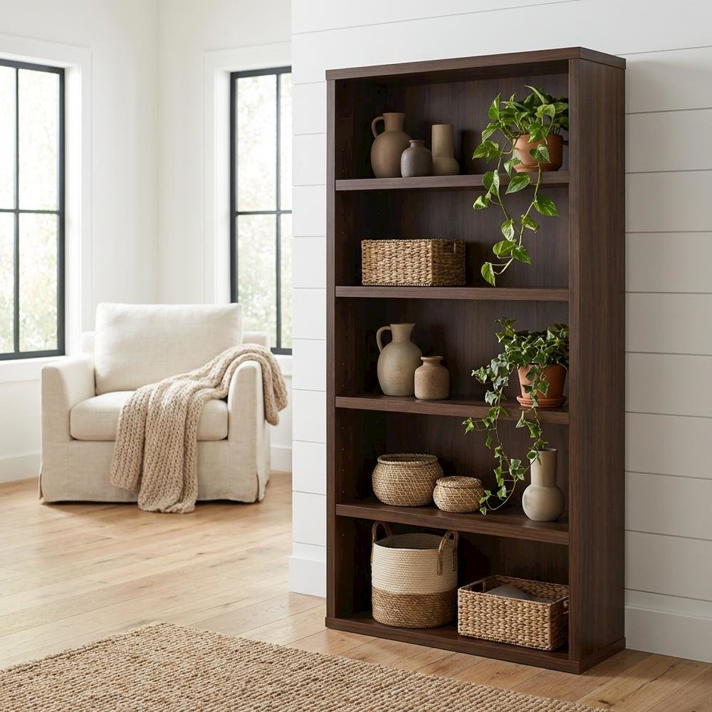 Contemporary Office Bookcase in Noble Elm Finish with Open Shelving