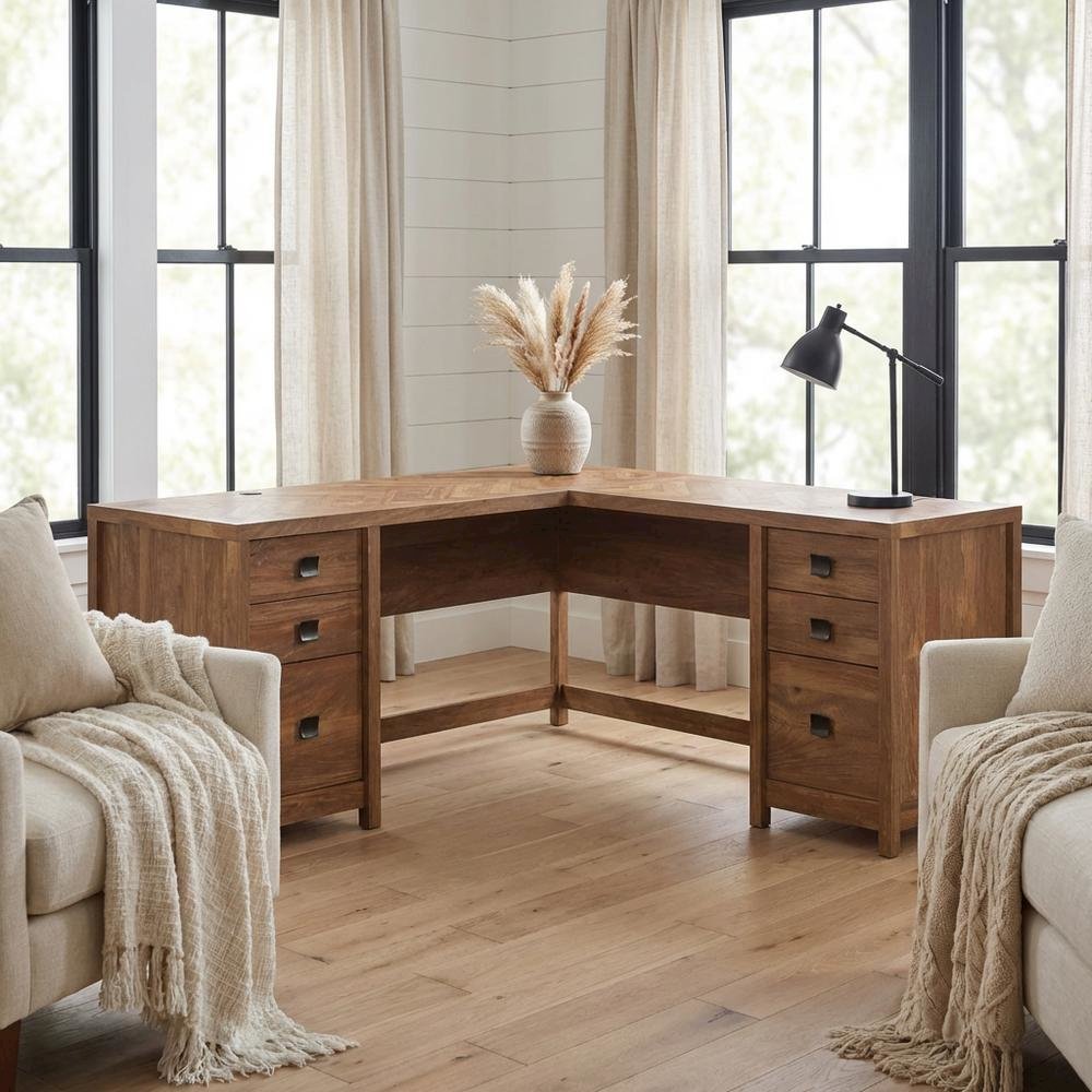 L-Shaped Office Desk In Sindoori Mango Finish For Modern Workspaces
