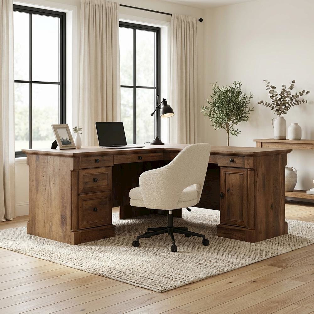 L-Shaped Office Desk With Vintage Oak Finish And Modern Farmhouse Style
