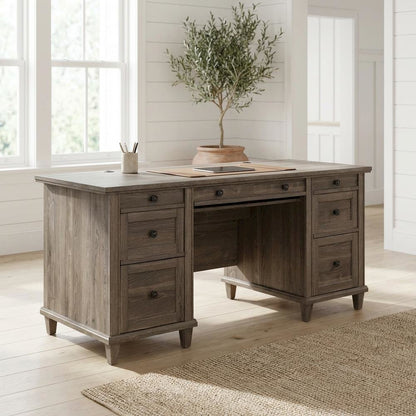 Emery Oak Executive Office Desk With Rectangular Shape And Traditional Style