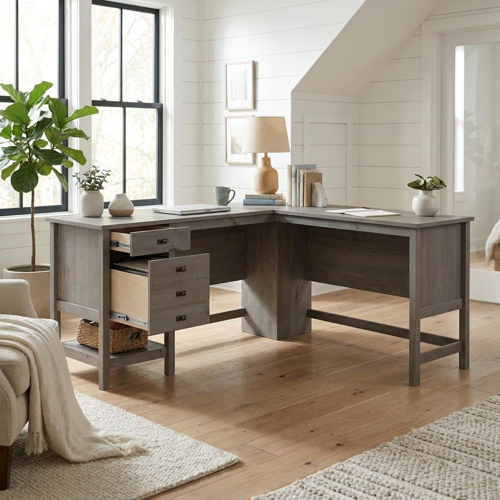 Modern L-Shaped Desk, Mystic Oak Finish, Rectangular Design, Spacious Surface