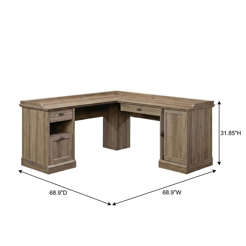 L-Shaped Office Desk Salt Oak Finish With Modern Farmhouse Style