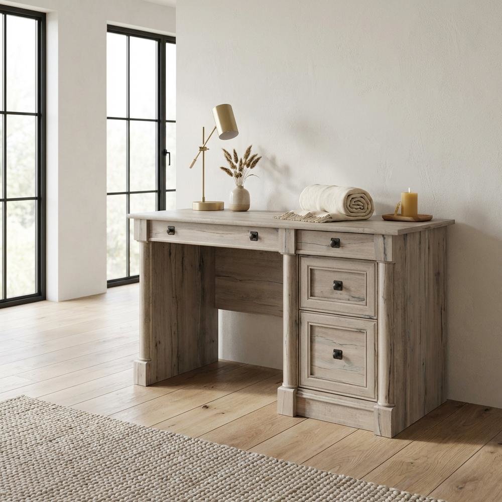 Brown traditional computer desk with rectangle shape and sturdy construction