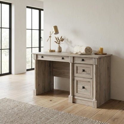 Brown traditional computer desk with rectangle shape and sturdy construction