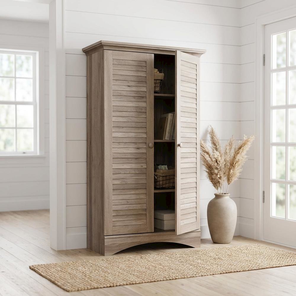 Rustic Salt Oak Finish Storage Cabinet With Coastal Cottage Style