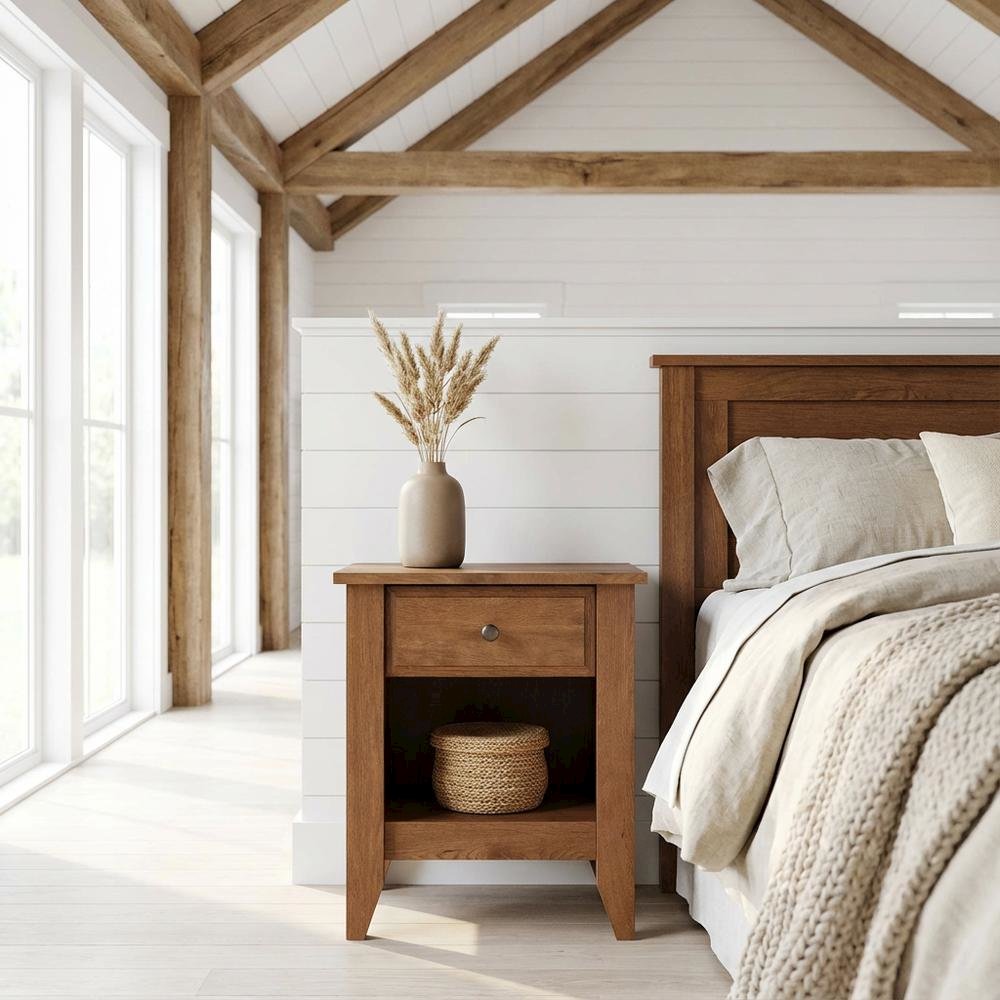 Oiled Oak Finish Night Stand with Coastal Cottage Style and Square Shape