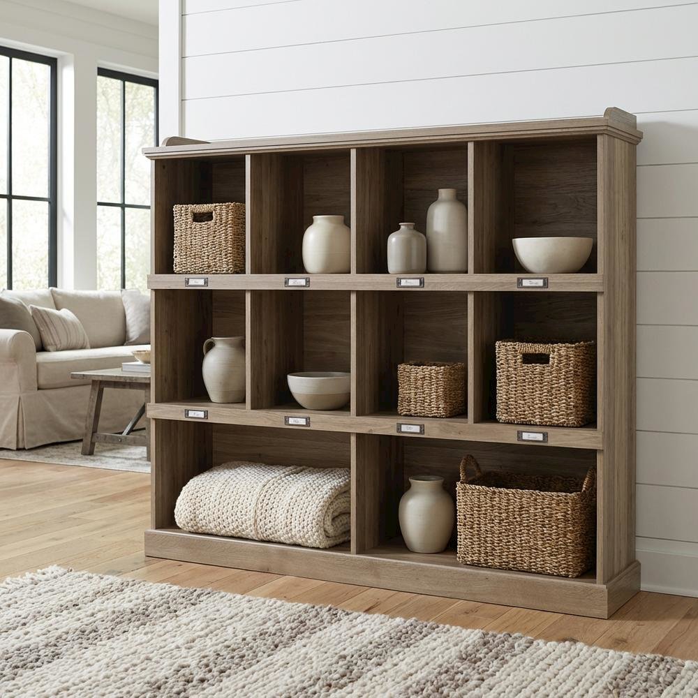 Salt oak finish bookcase with modern farmhouse and industrial style, rectangle