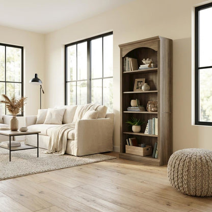 Salt Oak finish bookcase with transitional design, versatile storage solution