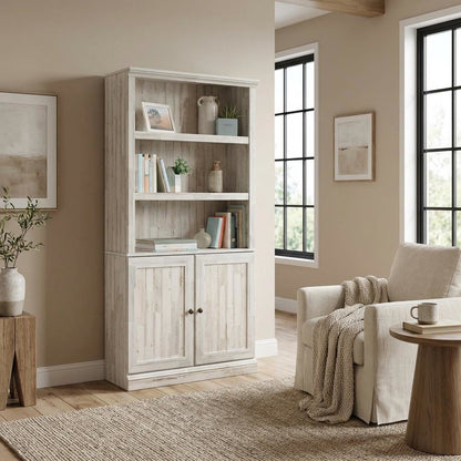 White Plank Finish Bookcase with Rectangular Shape and Spacious Storage