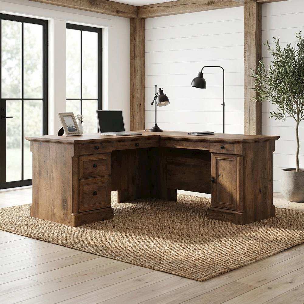 L-Shaped Office Desk With Vintage Oak Finish And Modern Farmhouse Style