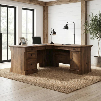 L-Shaped Office Desk With Vintage Oak Finish And Modern Farmhouse Style