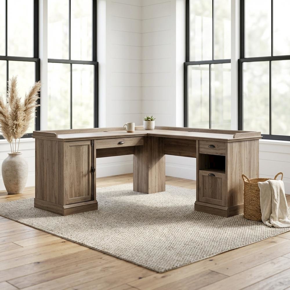 L-Shaped Office Desk Salt Oak Finish With Modern Farmhouse Style
