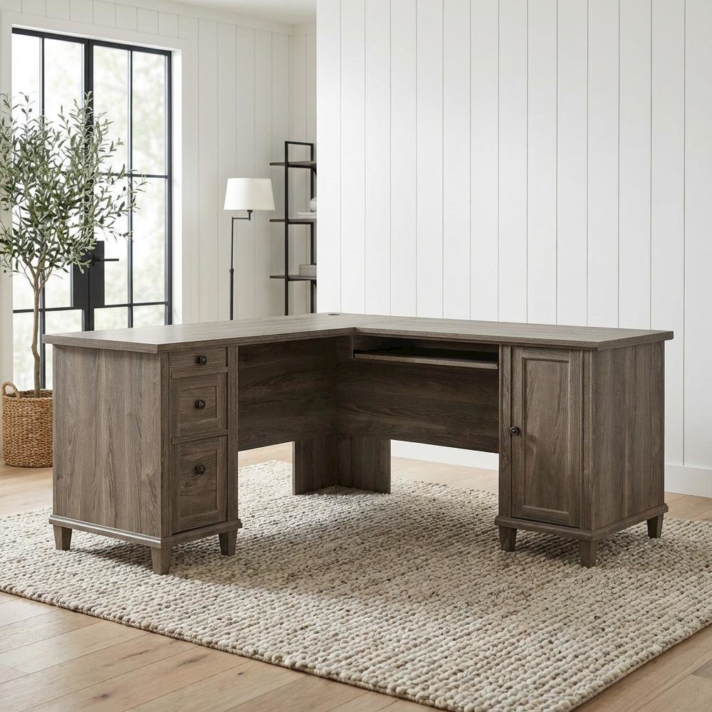 Traditional L-shaped office desk in Emery Oak finish with spacious work surface