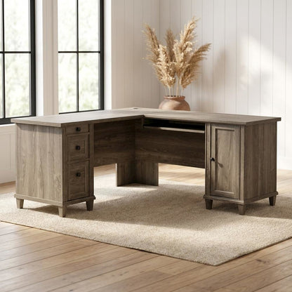 Traditional L-shaped office desk in Emery Oak finish with spacious work surface