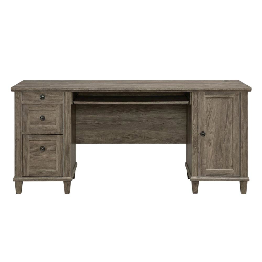 Traditional L-shaped office desk in Emery Oak finish with spacious work surface