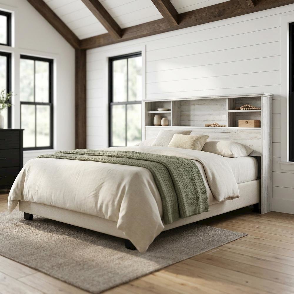 Engineered Wood Farmhouse Bookcase Headboard for Full and Queen Beds