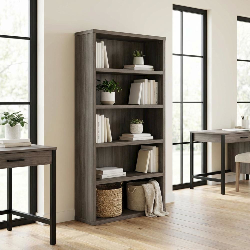 Brown office bookcase with contemporary and transitional style, rectangle design