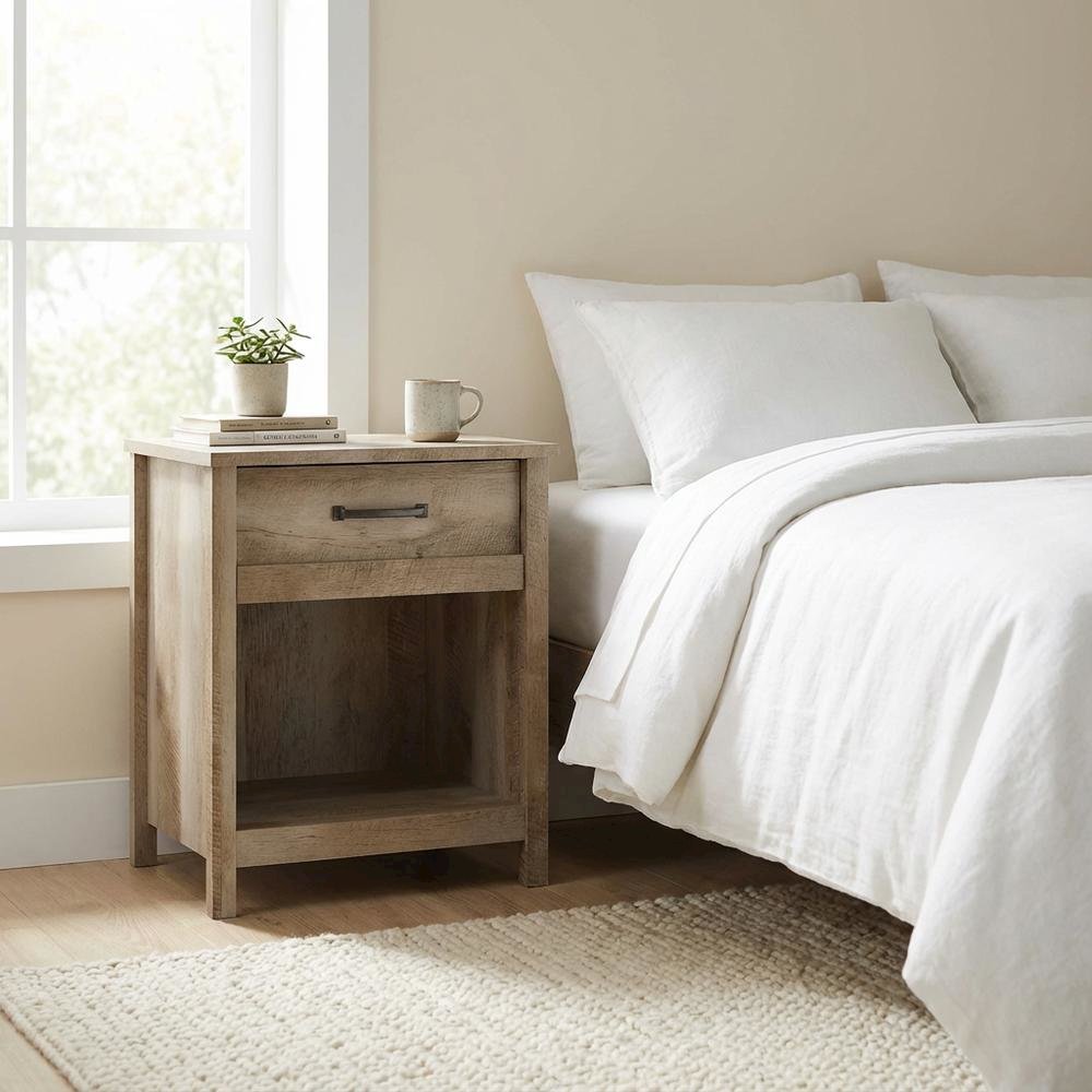 Lintel Oak Finish Night Stand with Industrial and Modern Farmhouse Style