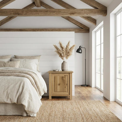 Wooden Nightstand with Oak Finish, Modern Farmhouse Style, Rectangular Shape