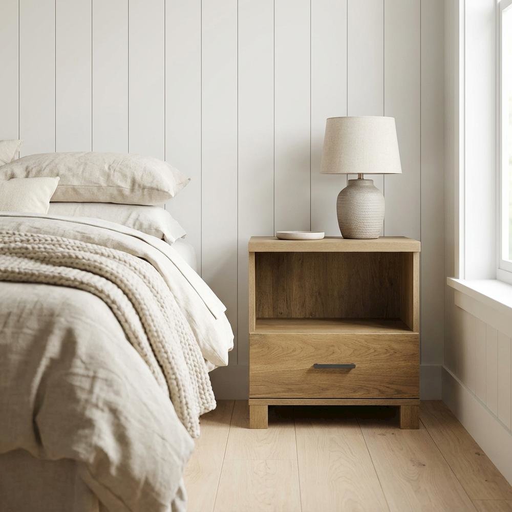 Wooden Nightstand in Timber Oak Finish with Rustic and Modern Farmhouse Style