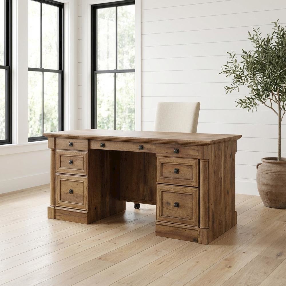 Vintage Oak Finish Modern Farmhouse Executive Desk With Rectangle Top