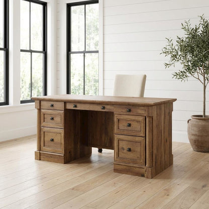 Vintage Oak Finish Modern Farmhouse Executive Desk With Rectangle Top